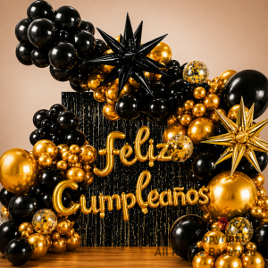 SET DE GLOBOS ARCO XL FELIZ CUMPLEA�OS NEGRO Y ORO (GY 7817) 100 UNIDADES